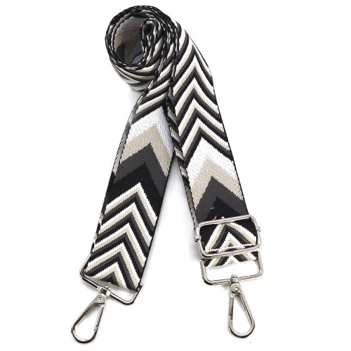 Pasek do torebki z karabińczykiem czarno biały z beżem i szarością
