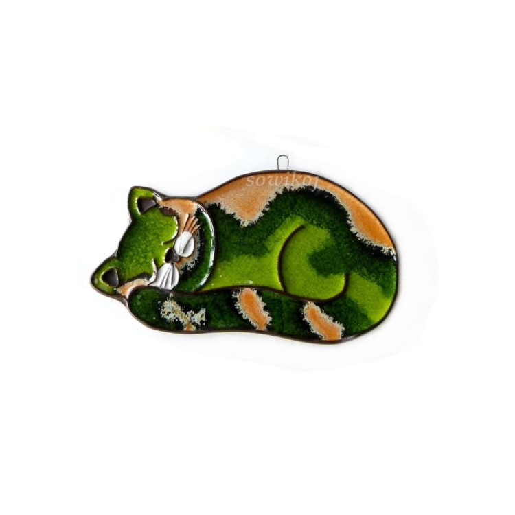 Ceramiczny kot śpioch zielony. Zawieszka figurka ozdobna kotek