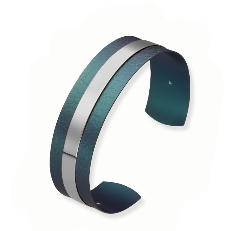 Sztywna szeroka srebrna bransoletka z turkusowym tytanem