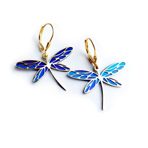 Srebrne pozłacane kolczyki wiszące Wazki z tytanowymi skrzydłami