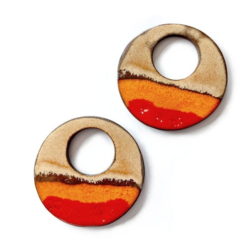 Ceramiczne ozdobne wisiory bizuteria autorska - koło z czerwonym i pomarańczowym paskiem