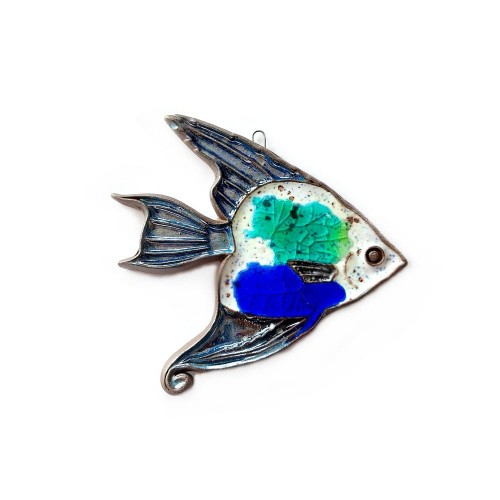 Skalar - nieduża rybka ceramiczna ozdoba szkliwiona na  niebiesko i grafitowo, ręcznie robiona - ozdoba do domu lub ogrodu.