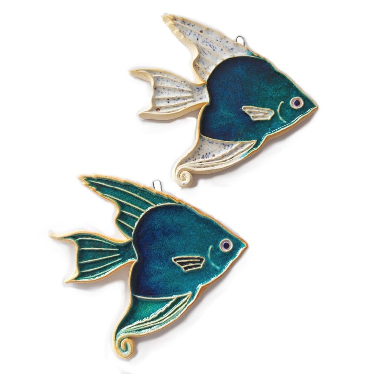 skalar - mała rybka ceramiczna, ozdoba do powieszenia na ścianie , głęboki turkus i szmaragd