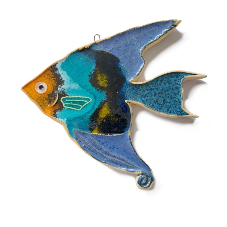 Rybak ceramiczna, figurka ozdobna do powieszenia, skalar niebieski średniej wielkości - szkliwiony