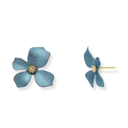 Kolczyki kwiaty 3d srebro próby 925 pozłacane i tytan w tonacji turkusowo jeansowej