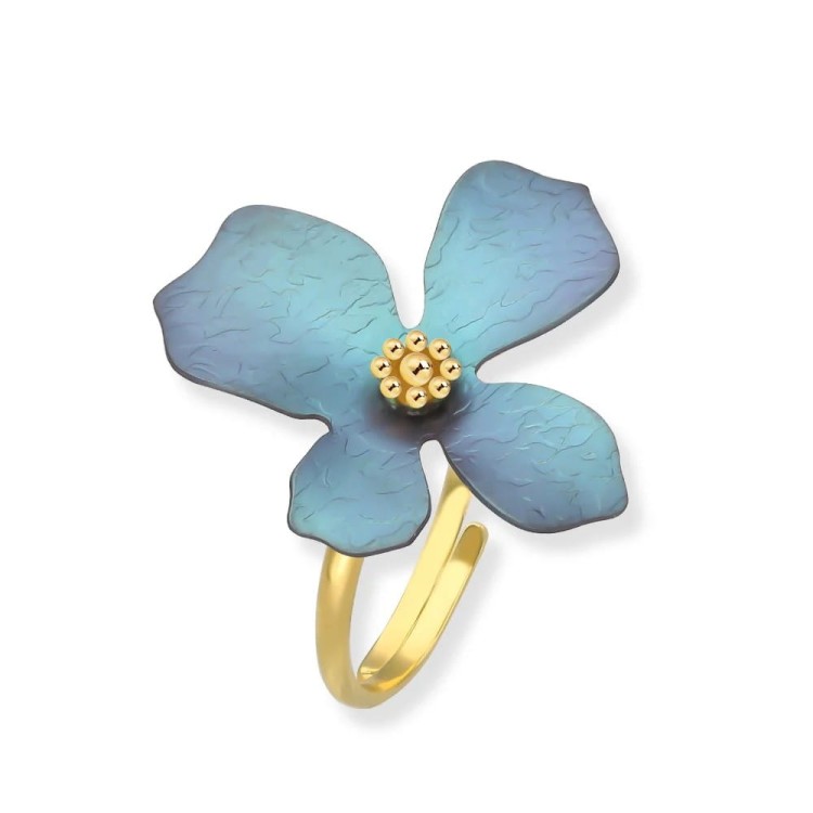 Tytan i srebro pozłacane - efektowny pierścionek 3d przestrzenne płatki w kolorze turkusowego jeansu