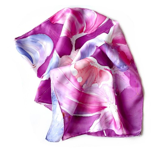 Szalik z naturalnego jedwabiu - satyna jedwabna -             ręcznie malowany w abstrakcyjne kwiat z dodatkowym miedzianym wzorem  w mocnych nasyconych kolorach - fiolet i różowy