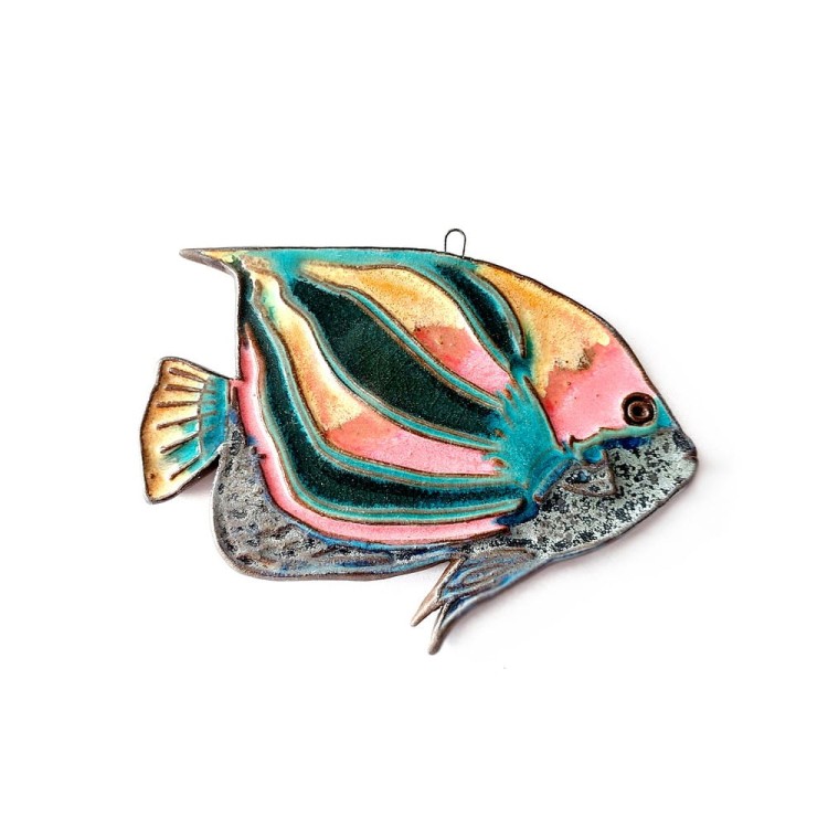 Rybka ceramiczna - obrazek do powieszenia - szkliwiona. Wielokolorowa - piękne, ciekawe kolory - rózowy z turkusem i stalowym.  ozdoba do kolekcji ryb.