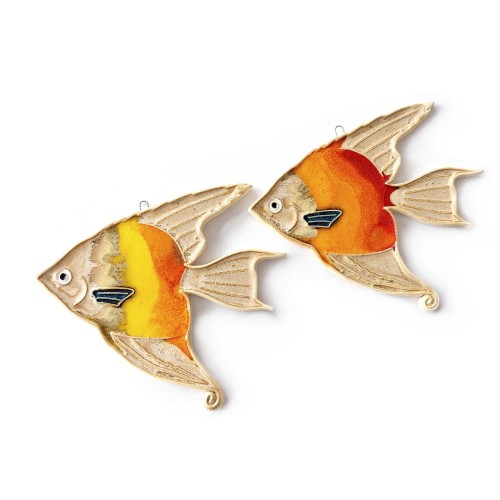 Rybka ceramiczna skalar - ozdoba do powieszenia na ścianie - z haczykiem w kolorach beż, pomarańcz, żołty z czerwonym akcentem