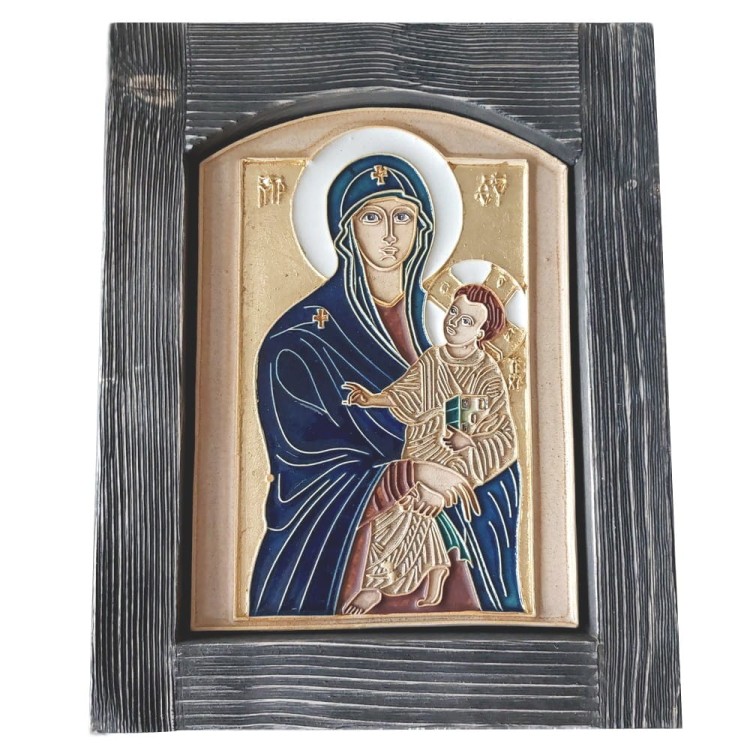 Ikona ceramiczna w drewnianej ramie - Matka Boska Śnieżna w wykonaniu granat z ecru. Ceramika szkliwiona. Duzy obraz