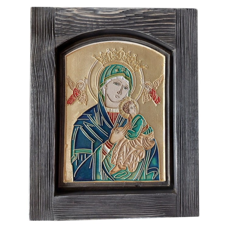 Ikona ceramiczna w drewnianej ramie - Matka Boska Nieustającej Pomocy - szkliwiona  beż i niebieski