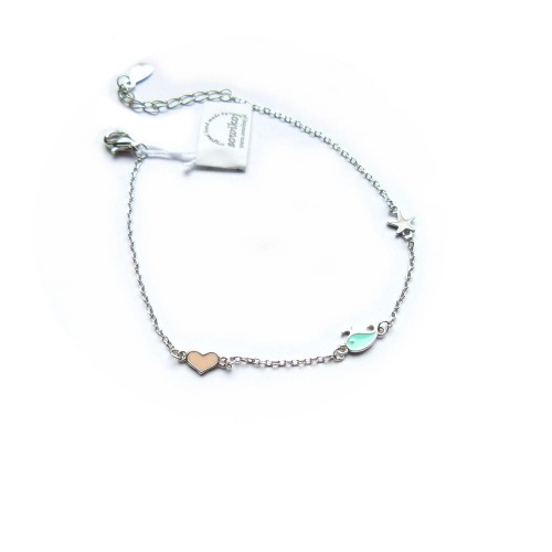 Srebrna delikatna bransoletka z zawieszkami - wieloryb, serduszko i gwiazdka , zawieszki w delikatnych pastelowych kolorach