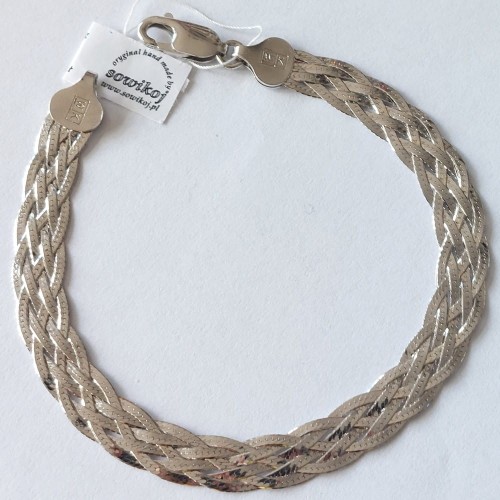 Szeroka rodowana bransoleta ze srebra próby 925 o mocnym zamku, płasko układa się na nadgarstku - splot - poszerzany warkocz 5 nitkowy