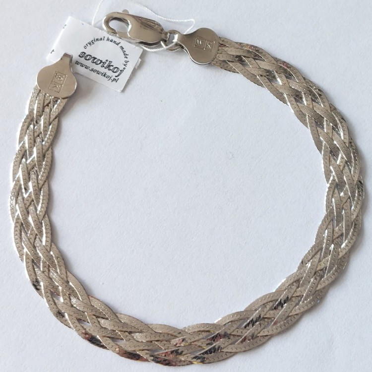 Szeroka rodowana bransoleta ze srebra próby 925 o mocnym zamku, płasko układa się na nadgarstku - splot - poszerzany warkocz 5 nitkowy