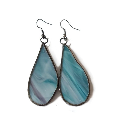 Duże długie kolczyki krople płaskie w czarnej oprawie - niebieski, morski, szary i fiolet - smugi.