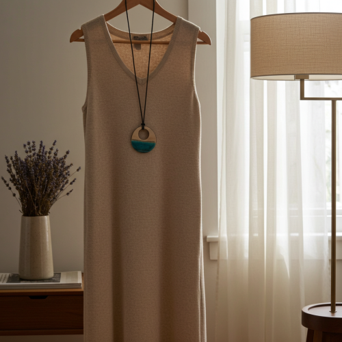 Koło ceramiczne - wisiorek duży - w tonacji chłodnego błękitu z bezem - przykład noszenia z sukienką letnią.