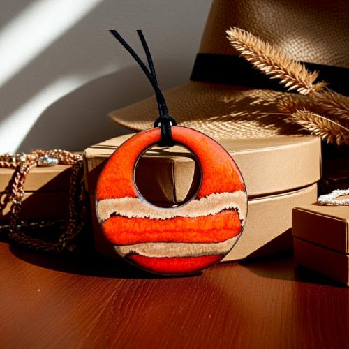 Koło ceramiczne - zawieszka na sznurku - pomarańczowy ognisty z elementami beżu