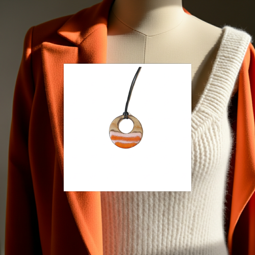 Koło ceramiczne pomarańcz-ecru paski przykład kompozycji z odziezą