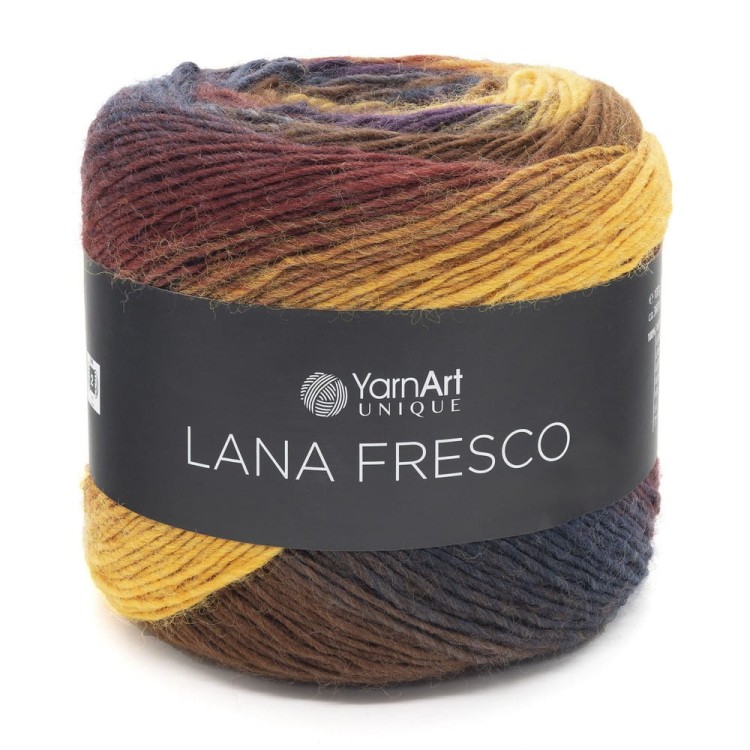 Włóczka yarn art Lana Fresco w kolorach jesieni - brązowy, zołty z czerwienią 8111. Wełna 100%