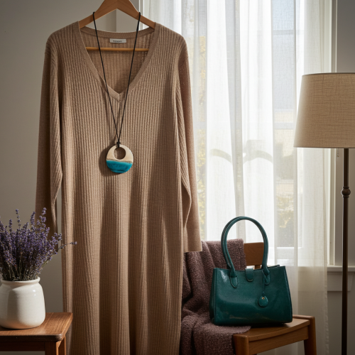 Koło ceramiczne przykładowy sposób noszenia wisiorka na sukience duży wisior ręcznie robiony