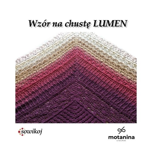 Wzór schemat z wyjaśnieniami na chustę szydełkową trójkątną Lumen