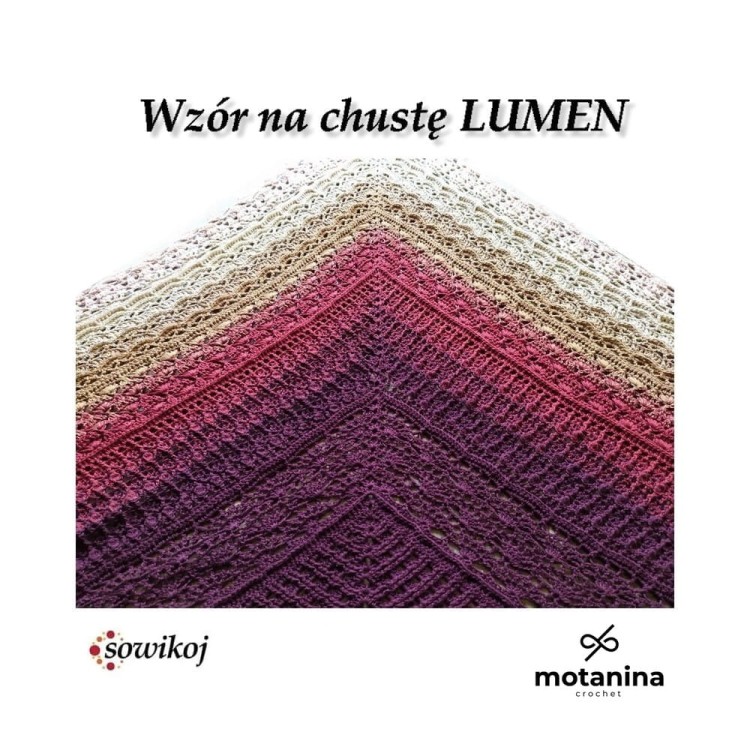 Wzór schemat z wyjaśnieniami na chustę szydełkową trójkątną Lumen