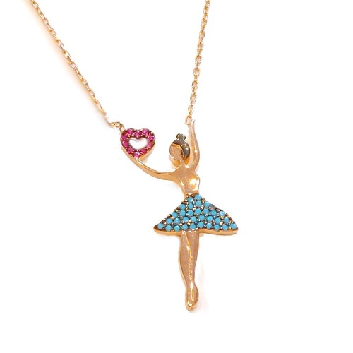 Srebrny łańcuszek z tancerką - serduszko  z cyrkoniami w kolorze różu, turkusowe jety na spódniczce
