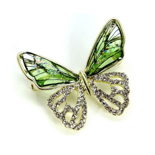 Delikatna broszka motyl pozłacana, cyrkonie w dolnych skrzydłach, górne skrzydełka zielone.