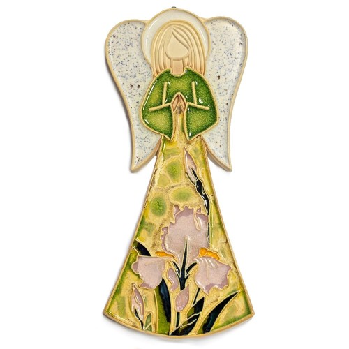 Opiekuńcze anioły do powieszenia duże ceramiczne. Na sukience pudrowo fioletowe Irysy.