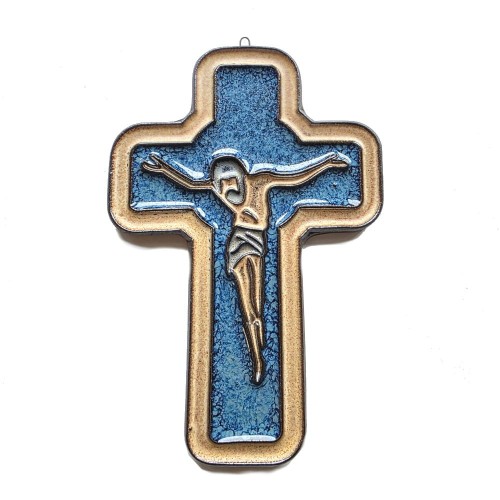 Ceramiczny krzyż Pasyjka do powieszenia. Beż i jeansowy niebieski. Polskie rękodzieło.