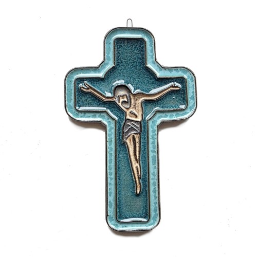 Krzyż ceramiczny z postacią Jezusa - pasyjka - ceramiczny w kolorach turkusu i szmaragdu