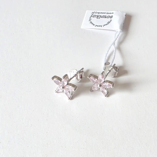 Srebro 925 lekkie kolczyki w kolorze różowym - duże cyrkonie w płatkach, rodowane.