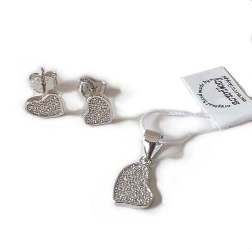 serduszka kolczyki z wisiorkiem w komplecie ze srebra 925 z drobnymi cyrkoniami na całej powierzchni