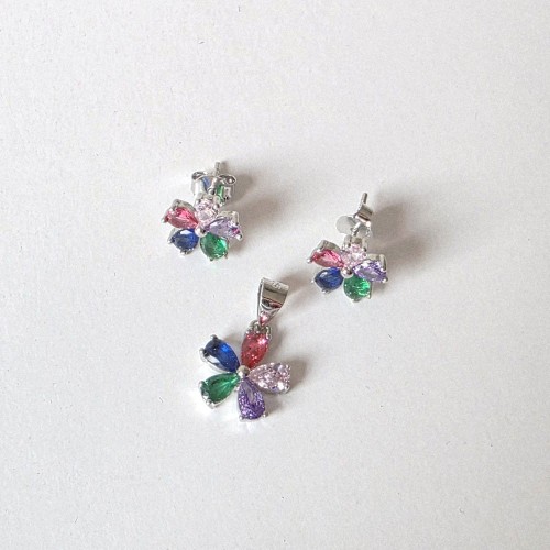 kolorowe kwiatuszki małe kolczyki i wisiorek w komplecie - całość ze srebra - płatki róż, niebieski i zielony