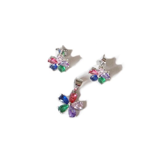 Delikatny komplet srebrny - kolczyki z wisiorkiem kolorowe kwiatki