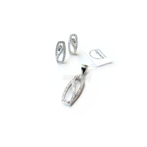 Komplet biżuterii srebrnej z cyrkoniami - owale z falą po środku w kształcie litery S - cyrkonie na obwodzie jak i fali.