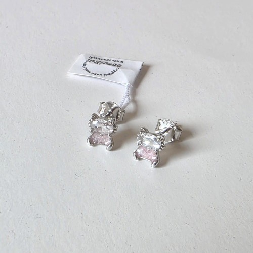 Delikatne srebrne kolczyki wkrętki kotki z cyrkoniami - lekki róż