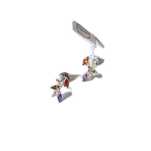 Delikatne kolczyki kolorowe cyrkonie - listki na gałązce srebro 925