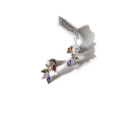 Kolczyki wkrętki srebrne z kolorowymi cyrkoniami - listki - gałązka