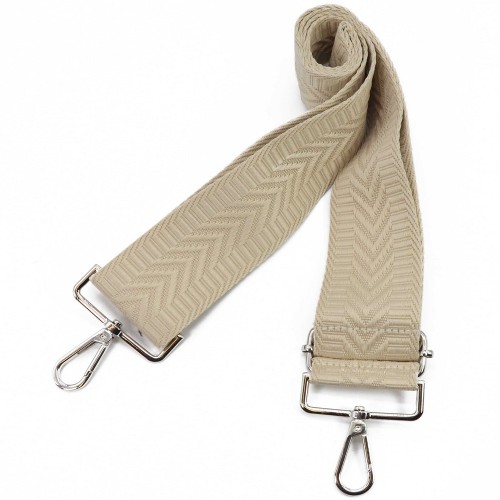 Szeroki pasek wymienny do torebki na ramię z regulacją, jasny beżowy i srebrne okucia.