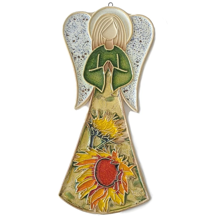 Duzy anioł ceramiczny ze słonecznikiem na sukience - anioł dla przyjaciół