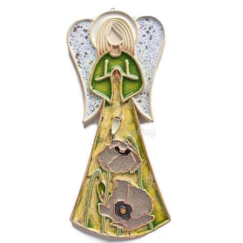 Ceramiczny aniołek figurka do zawieszenia z makami na sukience w pudrowo fioletowym różu