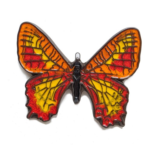 Motyl ceramiczny - panel na ścianę ozdoba w kolorach czerwonym i żółtym z pomarańczem