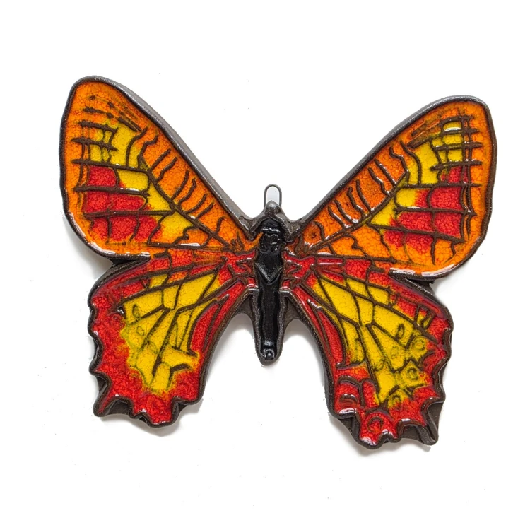 Motyl ceramiczny - panel na ścianę ozdoba w kolorach czerwonym i żółtym z pomarańczem