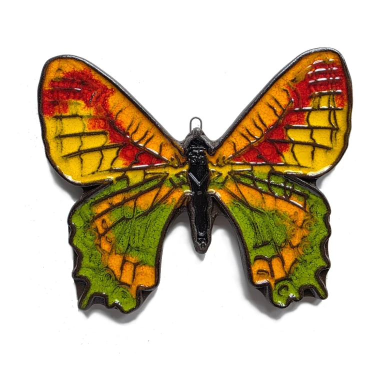 Motyl ceramiczny zawieszka na ścianę w kolorze pomarańczowo czerwonym z dodatkiem zieleni