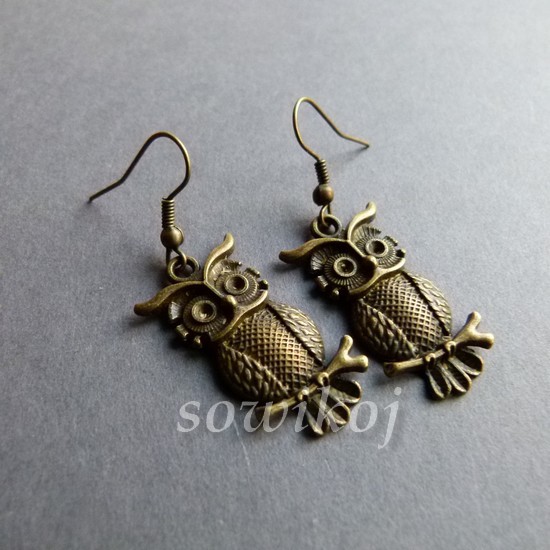 sowa duża kolczyki stare złoto