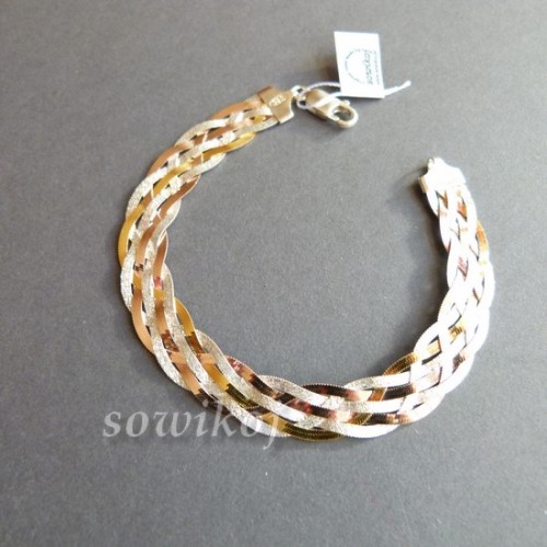 Spleciony z 3 kolorów - srebrny, złoty i miedzianozłoty łańcuszek bransoletka srebro pozłacane.