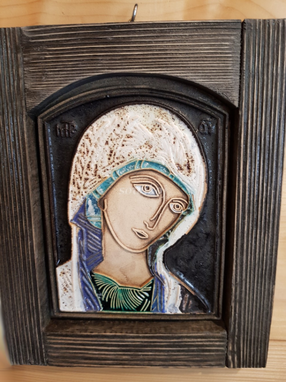Ikona ceramiczna mała w drewnianej ramie